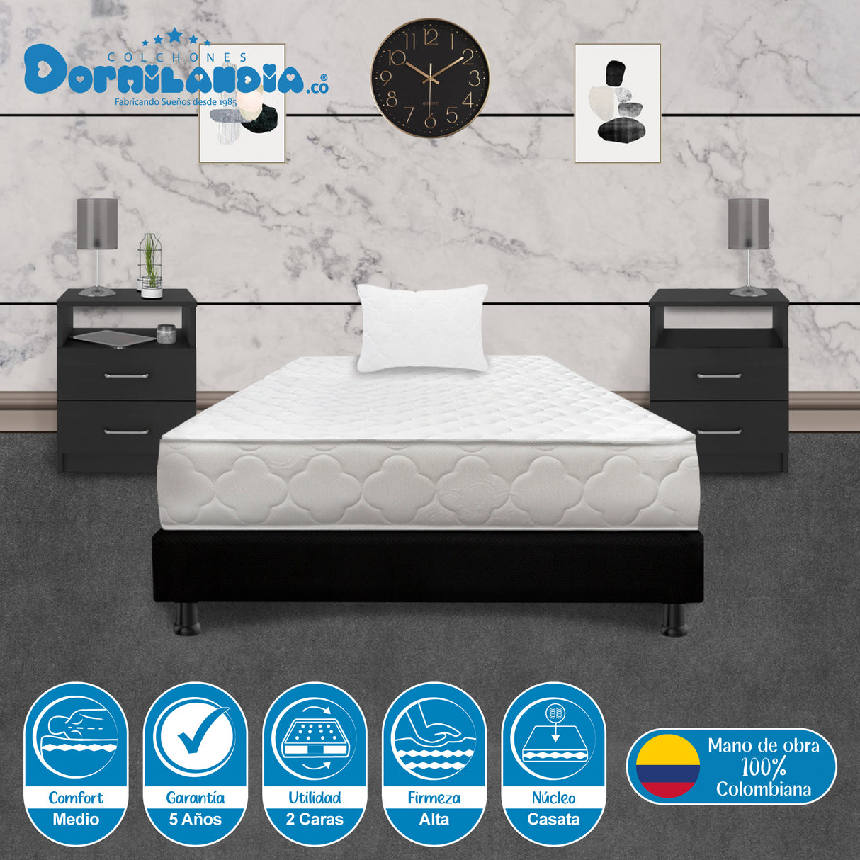 Combo Base Cama y Colchón Macizo Blanco y Negro Sencillo 100 X 190 Cm Firmeza Firme Doble Faz - COLCHONES | Bylmo