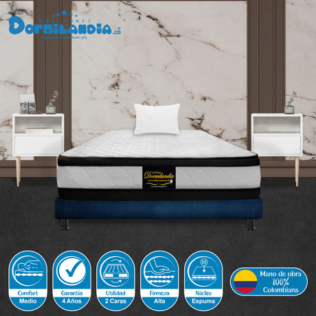 Combo Base Cama y Colchón Malta Blanco y Azul Sencillo 100 X 190 Cm Firmeza Firme Doble Faz - COLCHONES | Bylmo