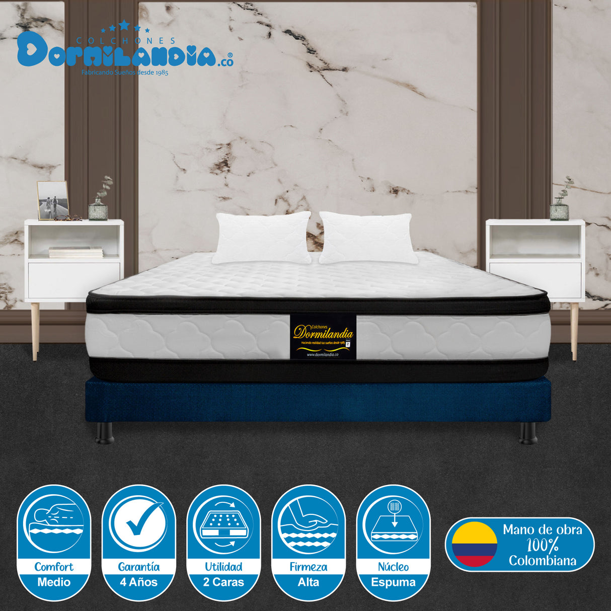 Combo Base Cama y Colchón Malta Blanco y Azul Doble 140 X 190 Cm Firmeza Firme Doble Faz - COLCHONES | Bylmo