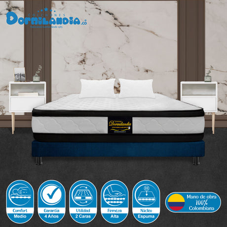 Combo Base Cama y Colchón Malta Blanco y Azul Queen 160 X 190 Cm Firmeza Firme Doble Faz - COLCHONES | Bylmo