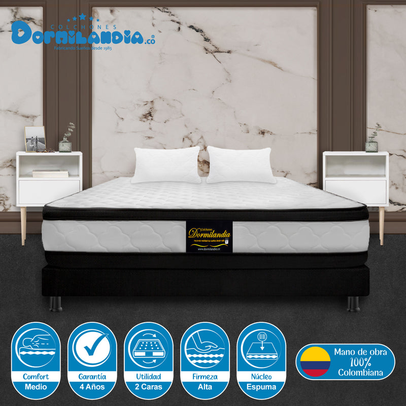 Combo Base Cama Y Colchón Malta Blanco Y Negro Doble 140 X 190 Cm Firmeza Firme Doble Faz