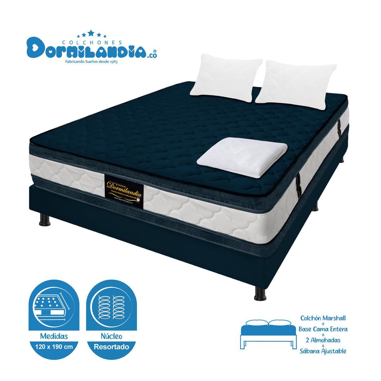 Combo Base Cama y Colchón Marshall Azul Semidoble 120 X 190 Cm Firmeza Medio Doble Faz - COLCHONES | Bylmo