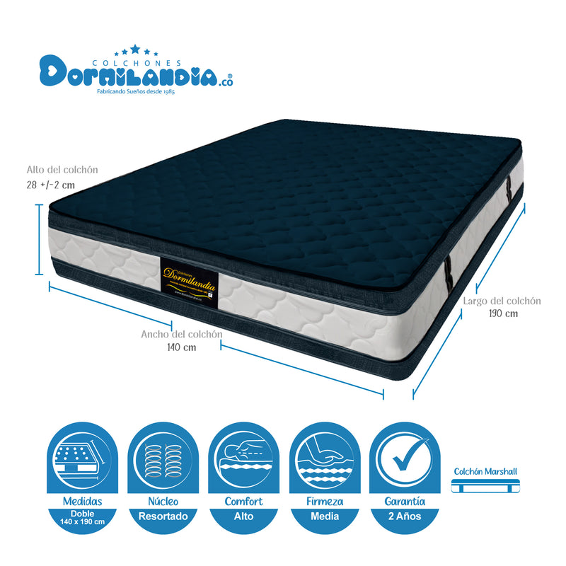 Combo Base Cama Y Colchón Marshall Azul Doble 140 X 190 Cm Firmeza Medio Doble Faz