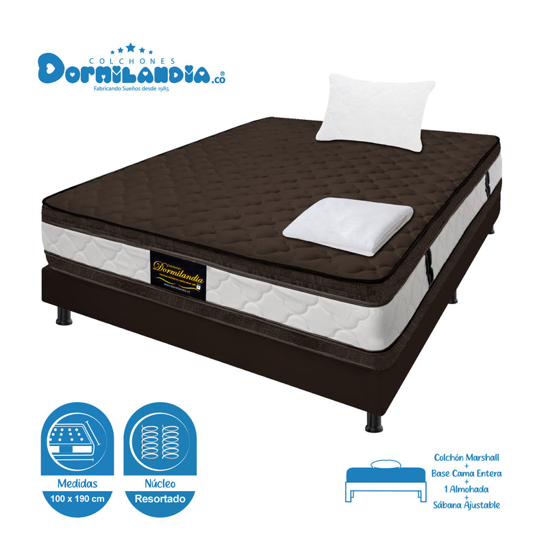 Combo Base Cama Y Colchón Marshall Cafe Sencillo 100 X 190 Cm Firmeza Medio Doble Faz