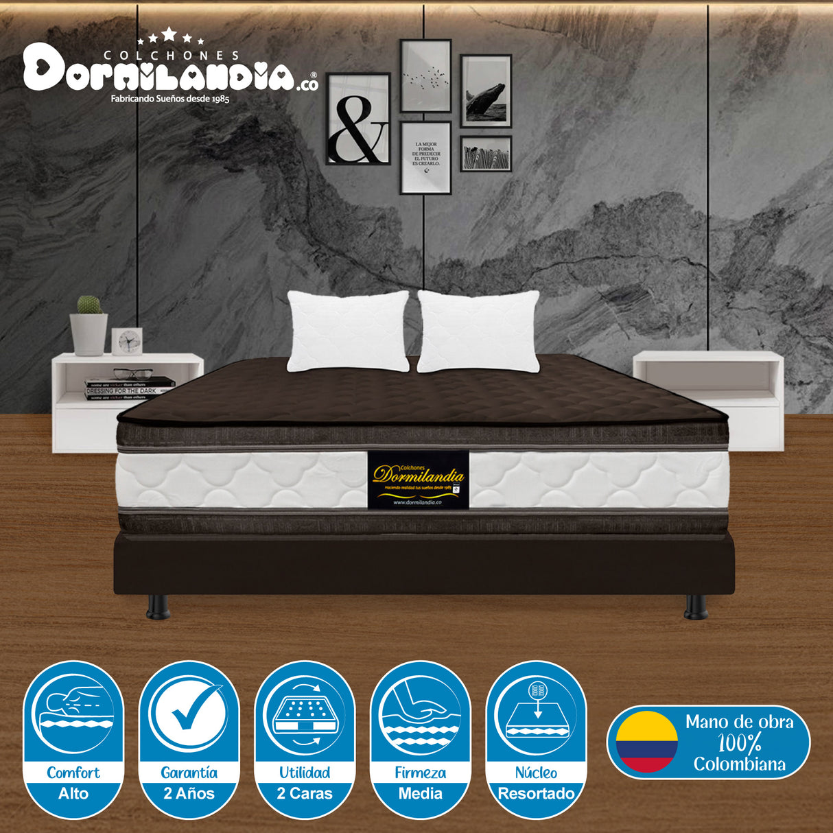 Combo Base Cama y Colchón Marshall Cafe Doble 140 X 190 Cm Firmeza Medio Doble Faz - COLCHONES | Bylmo