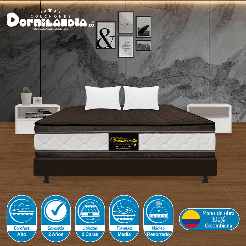 Combo Base Cama Y Colchón Marshall Cafe King 200 X 200 Cm Firmeza Medio Doble Faz