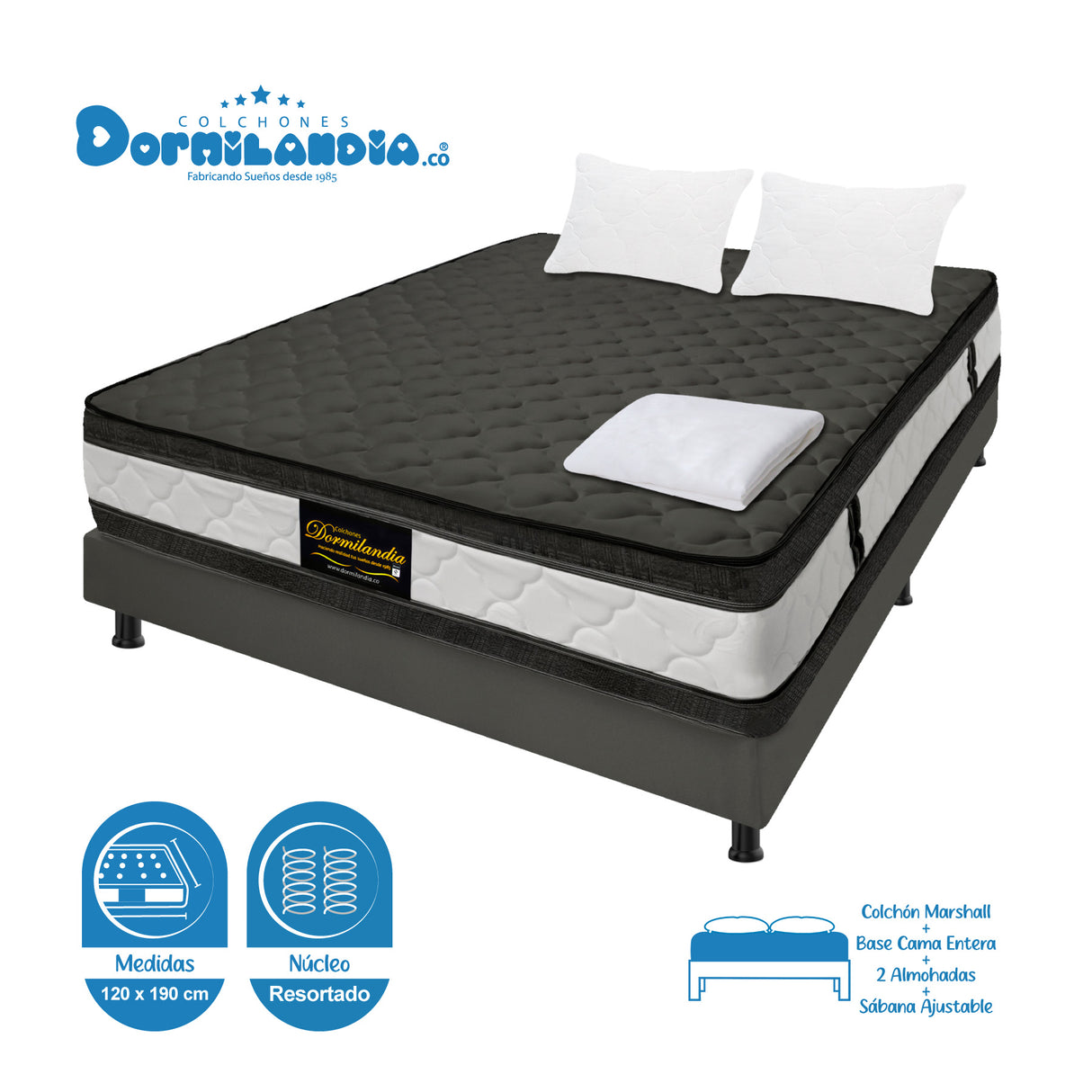 Combo Base Cama y Colchón Marshall Gris Semidoble 120 X 190 Cm Firmeza Medio Doble Faz - COLCHONES | Bylmo
