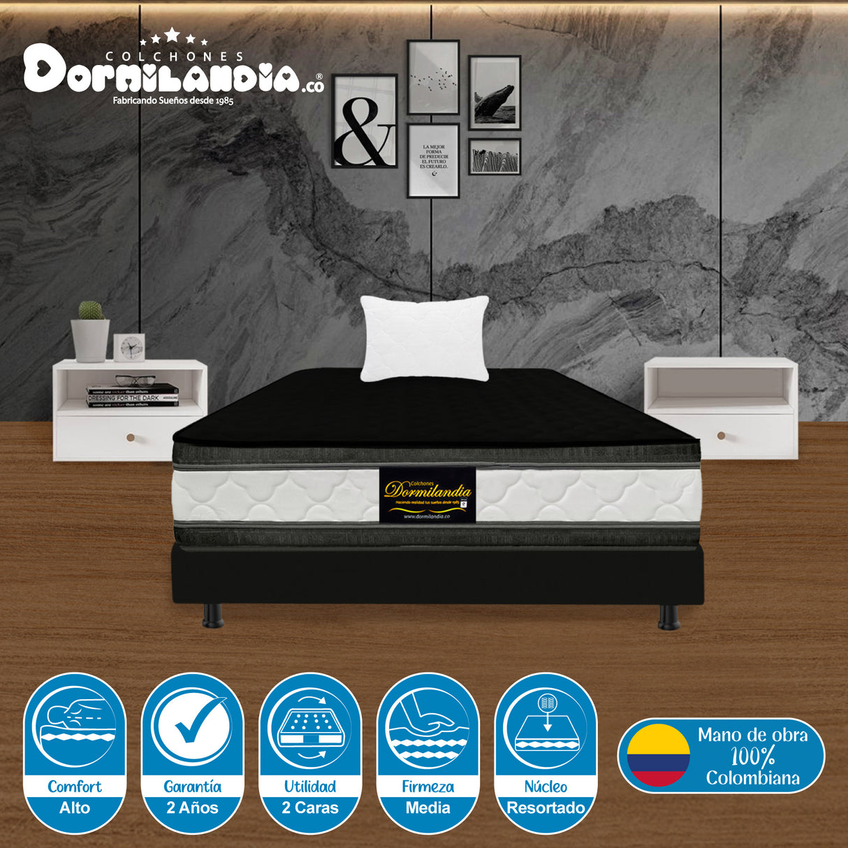 Combo Base Cama y Colchón Marshall Negro Sencillo 100 X 190 Cm Firmeza Medio Doble Faz - COLCHONES | Bylmo