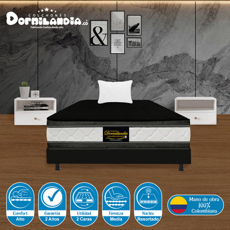 Combo Base Cama y Colchón Marshall Negro Sencillo 100 X 190 Cm Firmeza Medio Doble Faz - COLCHONES | Bylmo