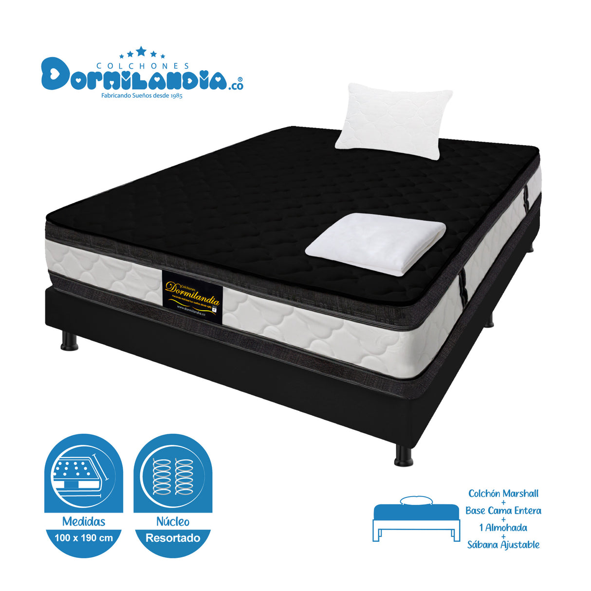 Combo Base Cama y Colchón Marshall Negro Sencillo 100 X 190 Cm Firmeza Medio Doble Faz - COLCHONES | Bylmo