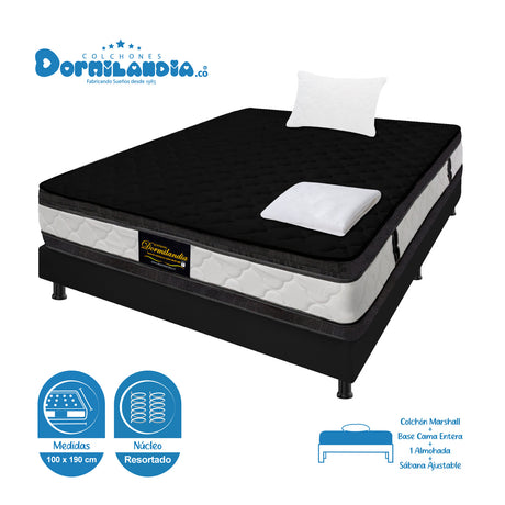 Combo Base Cama y Colchón Marshall Negro Sencillo 100 X 190 Cm Firmeza Medio Doble Faz - COLCHONES | Bylmo