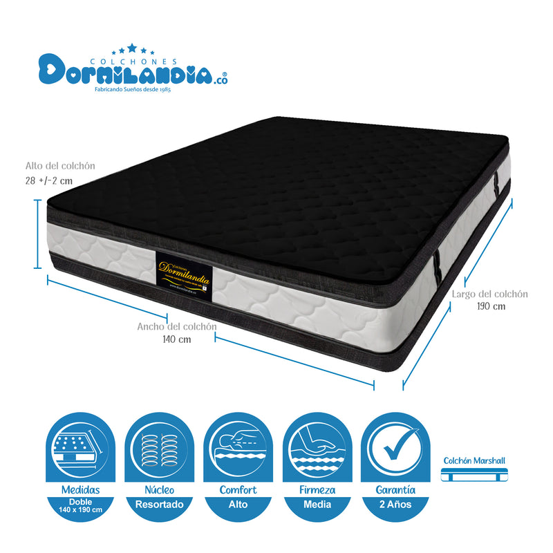 Combo Base Cama Y Colchón Marshall Negro Doble 140 X 190 Cm Firmeza Medio Doble Faz