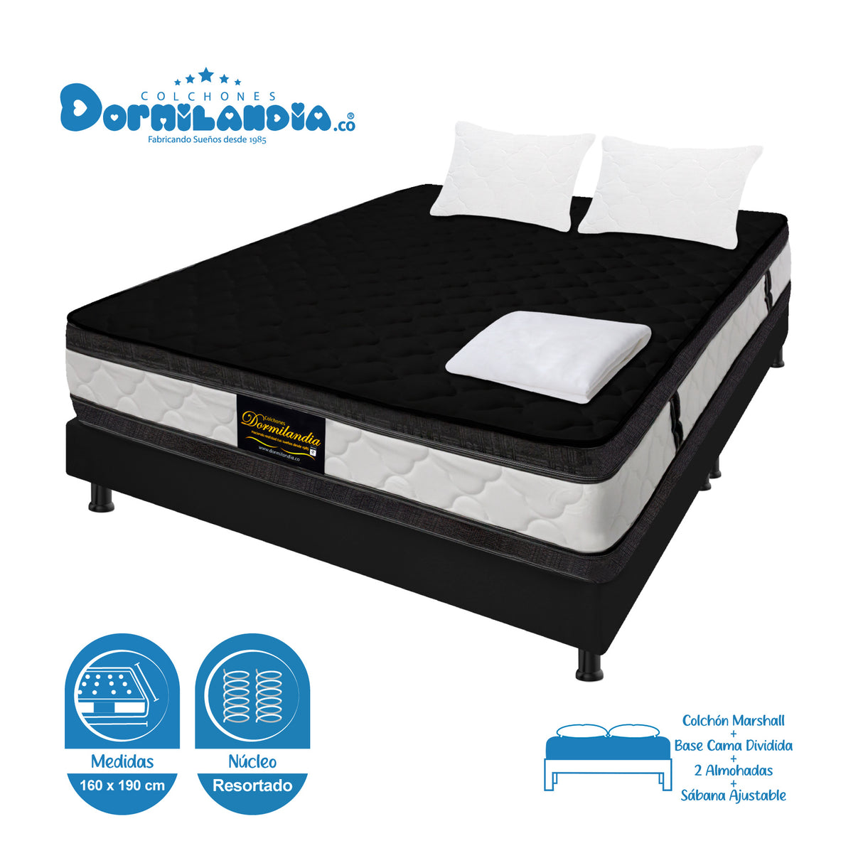 Combo Base Cama y Colchón Marshall Negro Queen 160 X 190 Cm Firmeza Medio Doble Faz - COLCHONES | Bylmo
