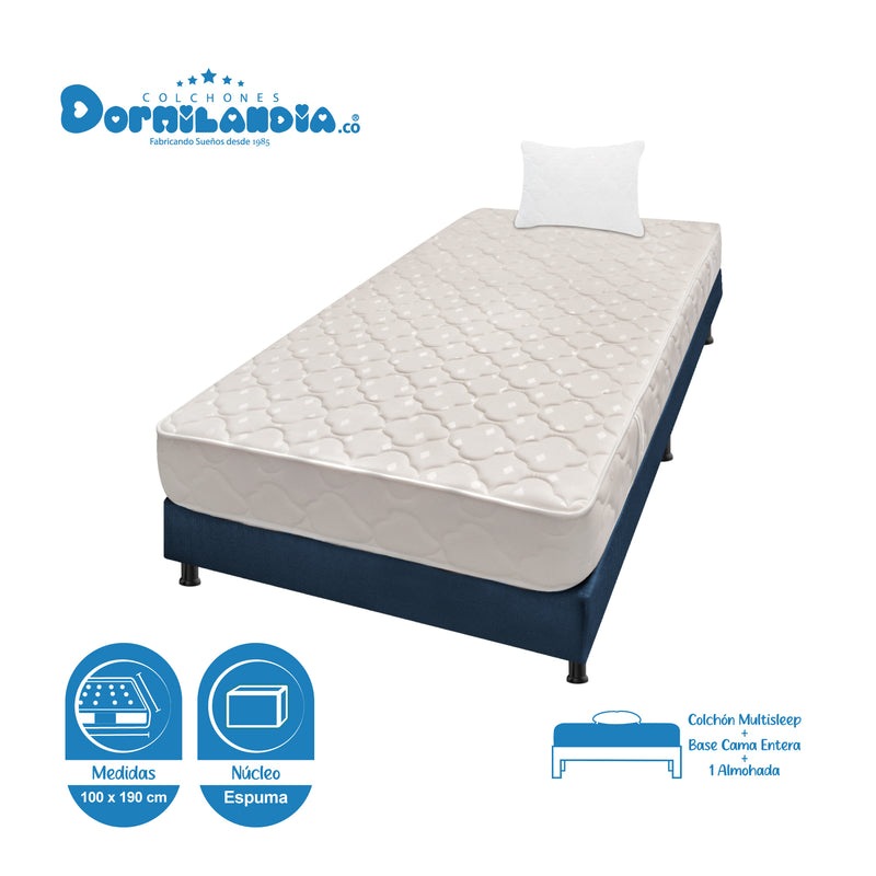 Combo Base Cama Y Colchón Multisleep Blanco Y Azul Sencillo 100 X 190 Cm Firmeza Medio Doble Faz