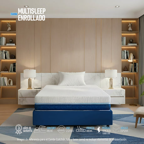 Combo Base Cama y Colchón Multisleep Blanco y Azul Sencillo 100 X 190 Cm Firmeza Medio Doble Faz - COLCHONES | Bylmo