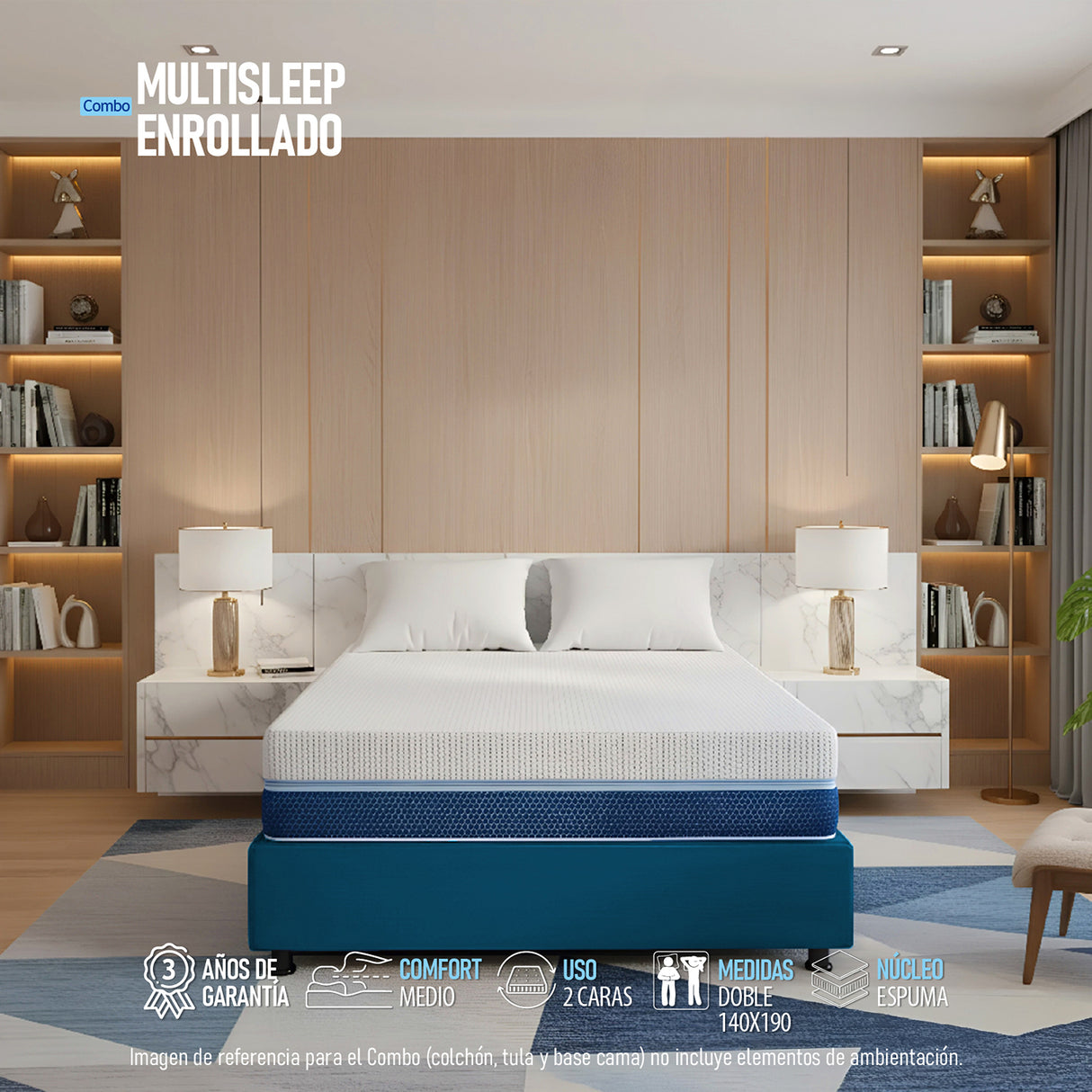 Combo Base Cama y Colchón Enrollado Multisleep Blanco y Azul Doble 140 X 190 Cm Firmeza Medio Doble Faz