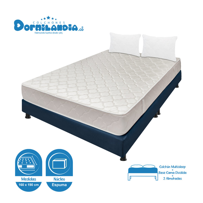 Combo Base Cama Y Colchón Multisleep Blanco Y Azul Queen 160 X 190 Cm Firmeza Medio Doble Faz