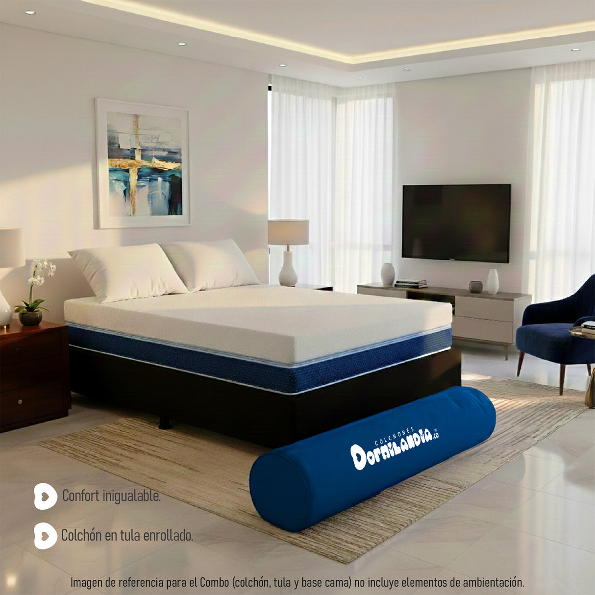 Combo Base Cama y Colchón Enrollado Multisleep Blanco y Negro Semidoble 120 X 190 Cm Firmeza Medio Doble Faz