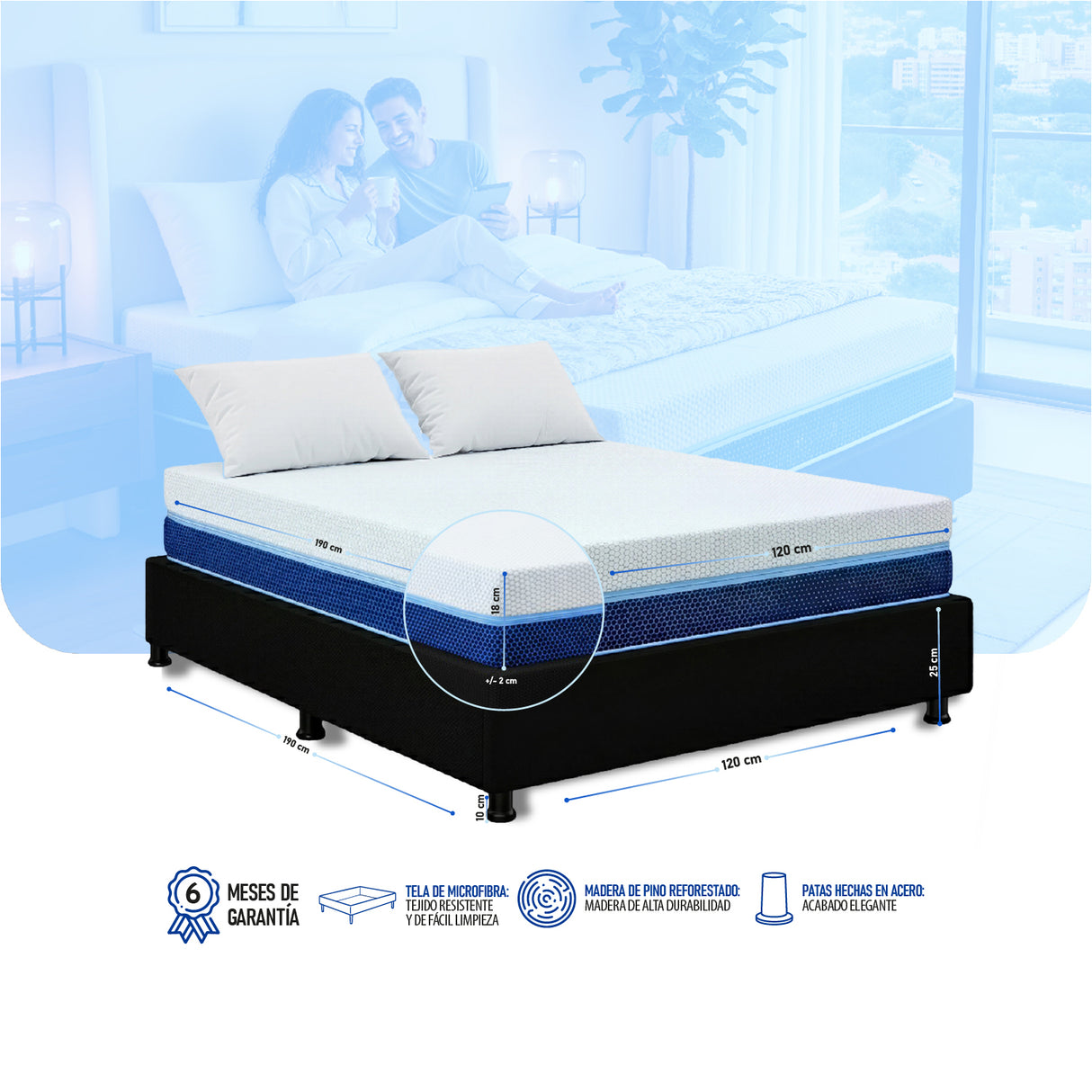 Combo Base Cama y Colchón Multisleep Blanco y Negro Semidoble 120 X 190 Cm Firmeza Medio Doble Faz - COLCHONES | Bylmo