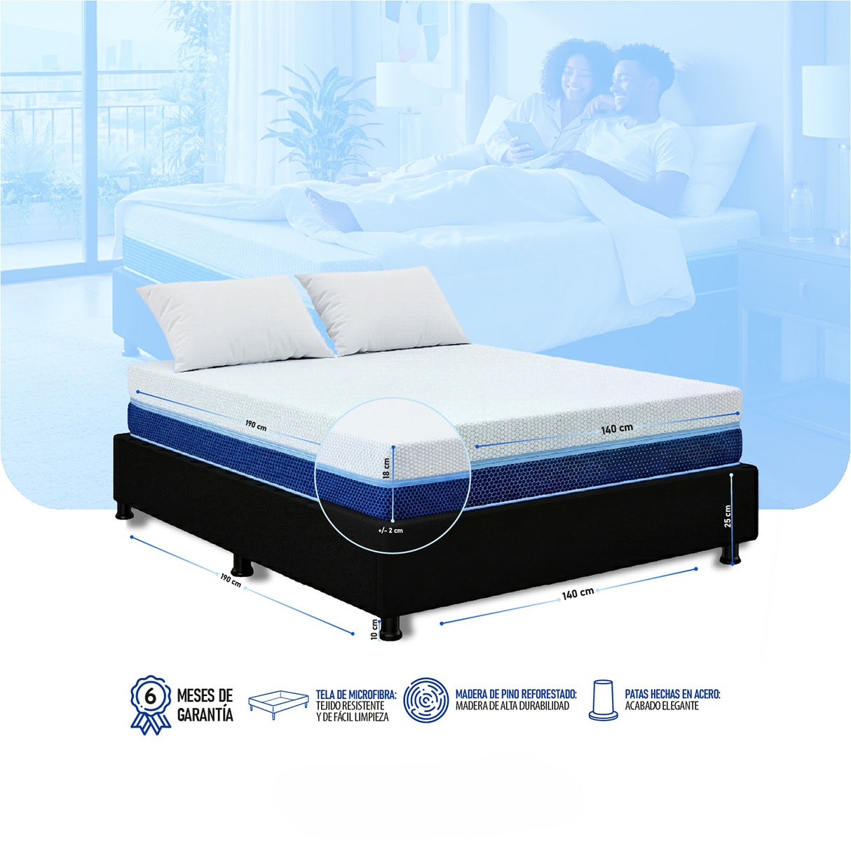 Combo Base Cama y Colchón Enrollado Multisleep Blanco y Negro Doble 140 X 190 Cm Firmeza Medio Doble Faz