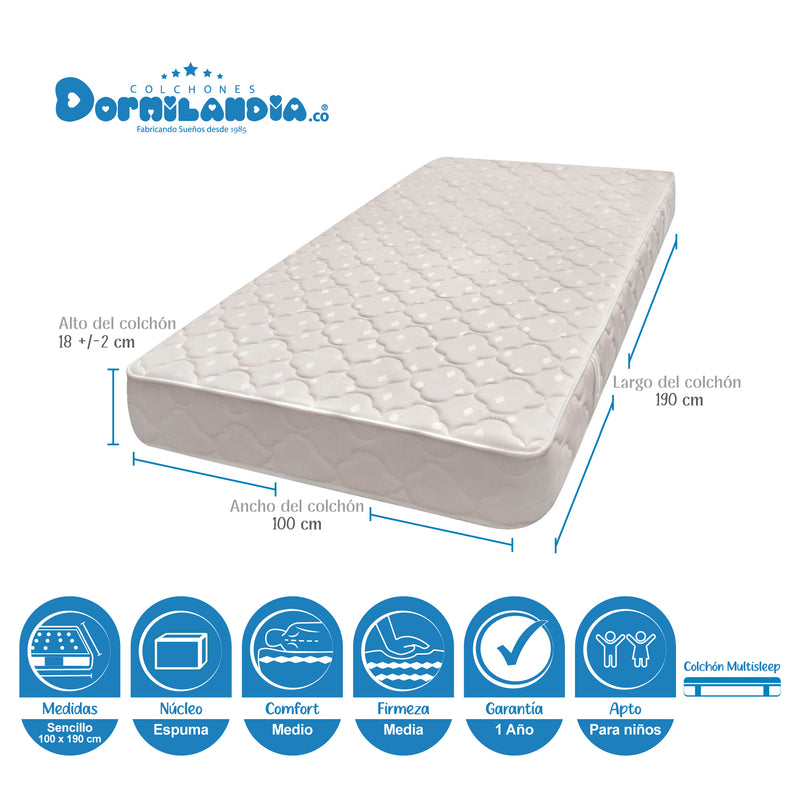 Combo Base Cama Y Colchón Multisleep Blanco Y Gris Sencillo 100 X 190 Cm Firmeza Medio Doble Faz