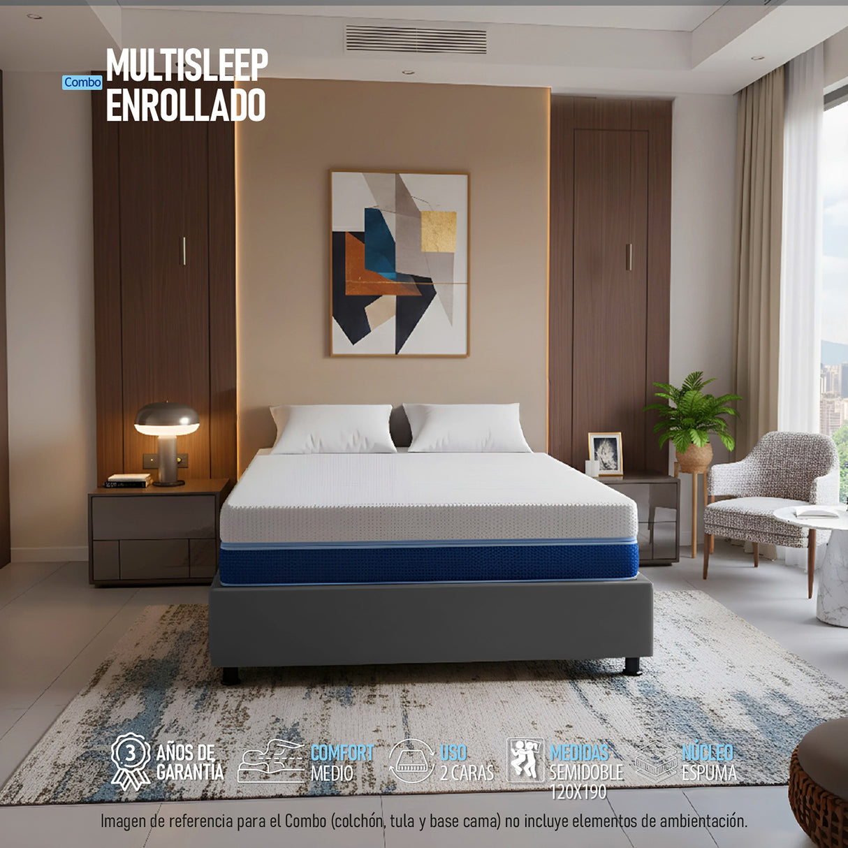 Combo Base Cama y Colchón Enrollado Multisleep Blanco y Gris Semidoble 120 X 190 Cm Firmeza Medio Doble Faz