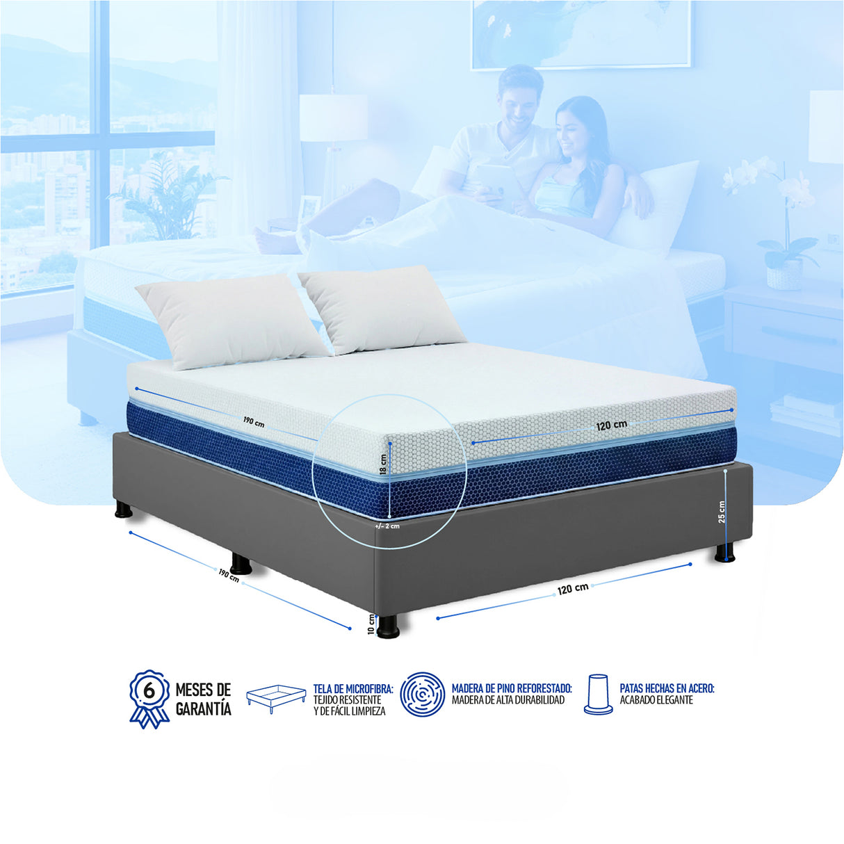 Combo Base Cama y Colchón Enrollado Multisleep Blanco y Gris Semidoble 120 X 190 Cm Firmeza Medio Doble Faz