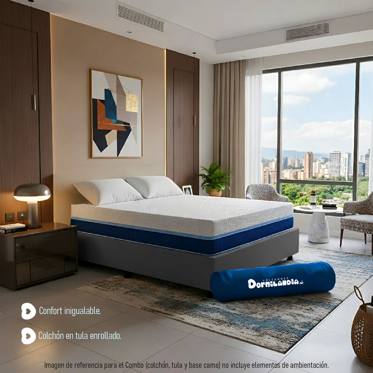 Combo Base Cama y Colchón Enrollado Multisleep Blanco y Gris Doble 140 X 190 Cm Firmeza Medio Doble Faz