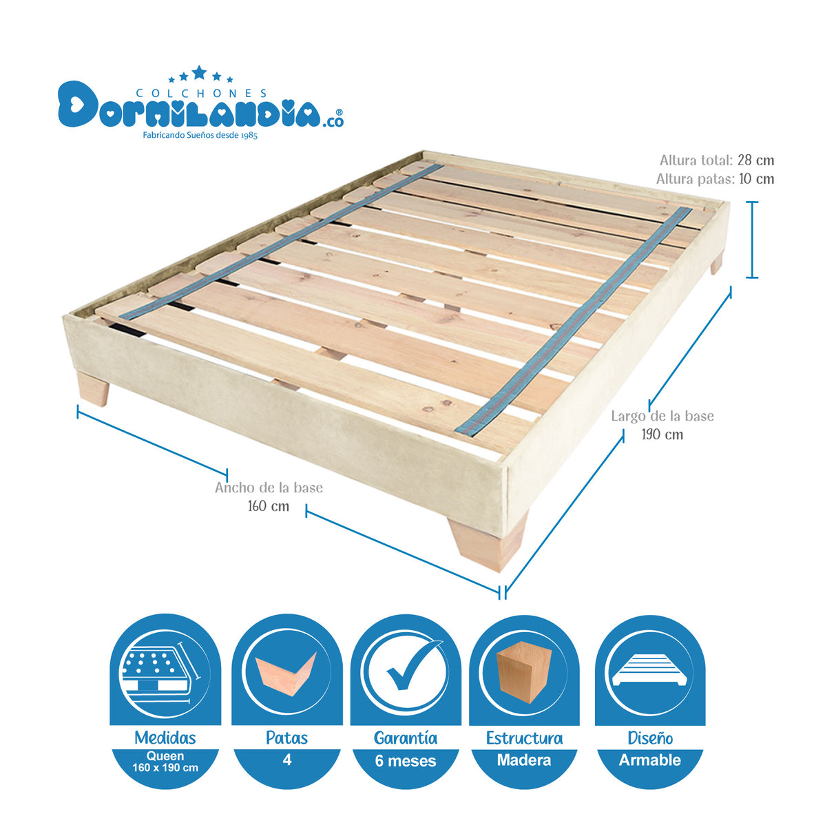 Combo Base Cama y Colchón Supra Azul y Arena Queen 160 X 190 Cm Firmeza Medio Doble Faz - COLCHONES | Bylmo