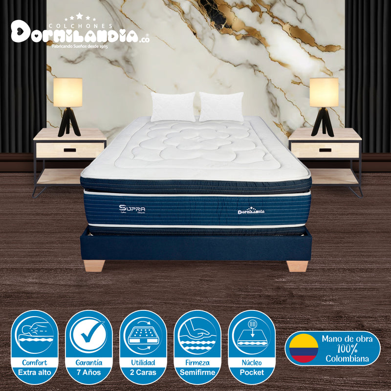 Combo Base Cama Y Colchón Supra Azul Semidoble 120 X 190 Cm Firmeza Medio Doble Faz