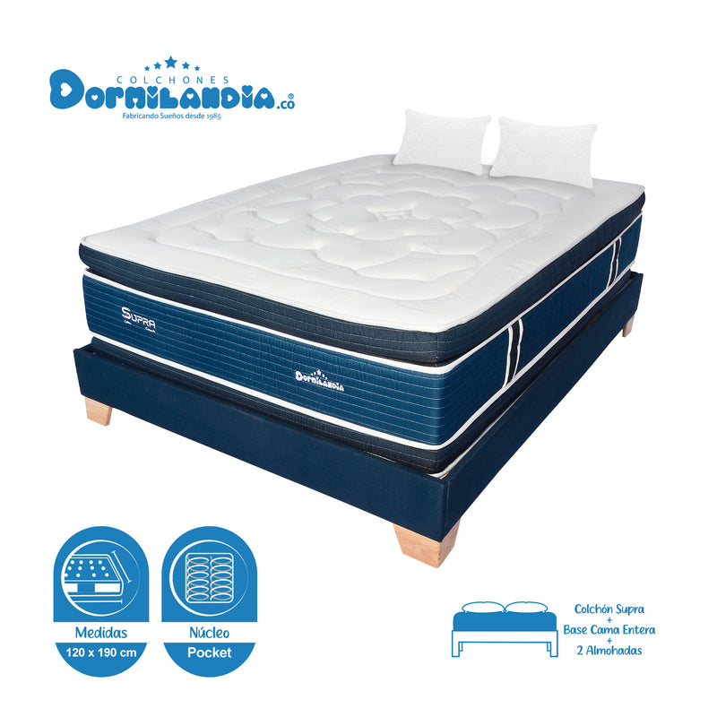 Combo Base Cama Y Colchón Supra Azul Semidoble 120 X 190 Cm Firmeza Medio Doble Faz