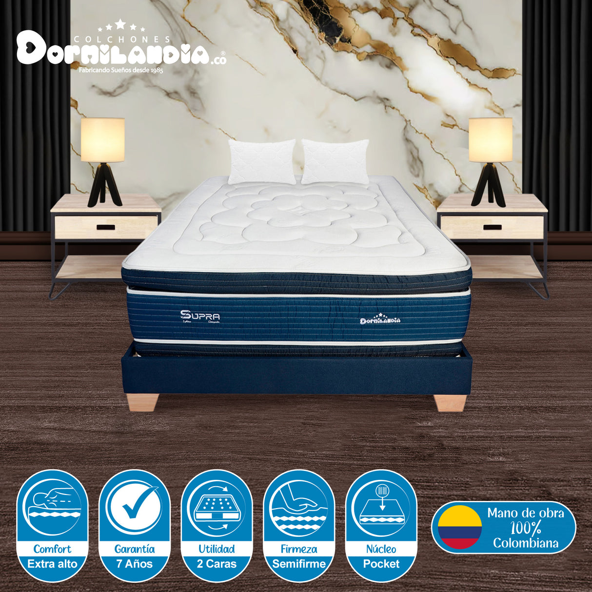 Combo Base Cama y Colchón Supra Azul Queen 160 X 190 Cm Firmeza Medio Doble Faz - COLCHONES | Bylmo