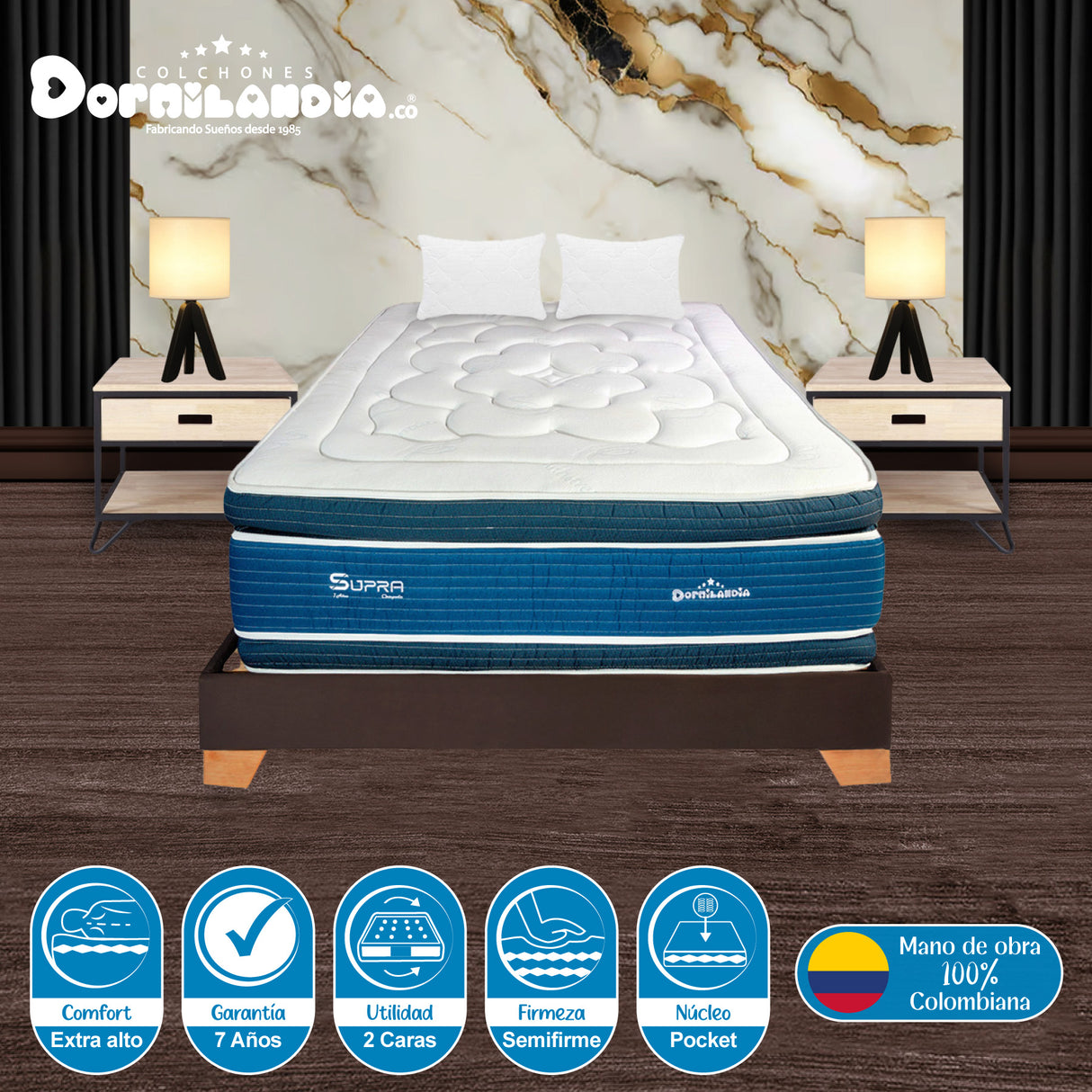 Combo Base Cama y Colchón Supra Azul y Cafe King 200 X 200 Cm Firmeza Medio Doble Faz - COLCHONES | Bylmo
