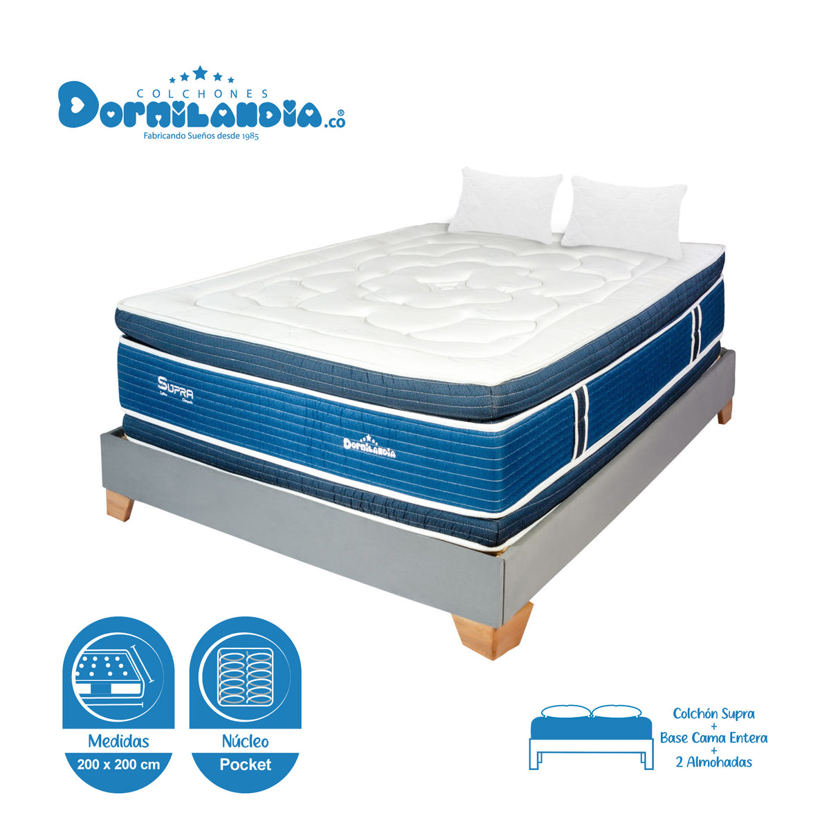 Combo Base Cama y Colchón Supra Azul y Gris King 200 X 200 Cm Firmeza Medio Doble Faz - COLCHONES | Bylmo