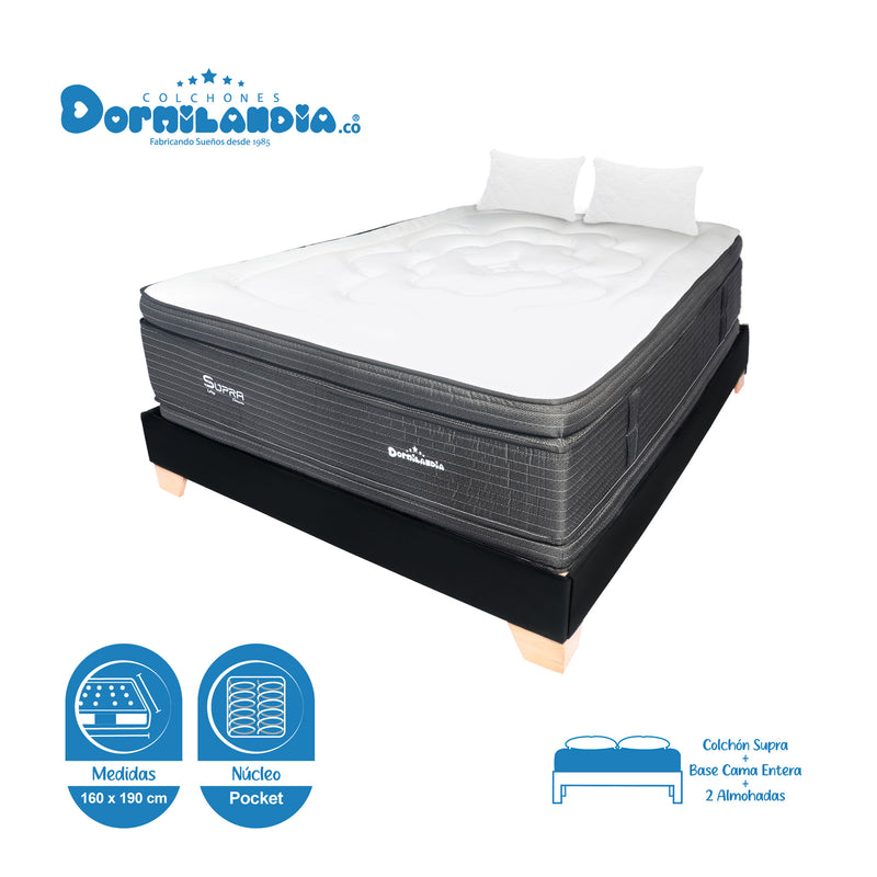 Combo Base Cama Y Colchón Supra Negro Queen 160 X 190 Cm Firmeza Medio Doble Faz