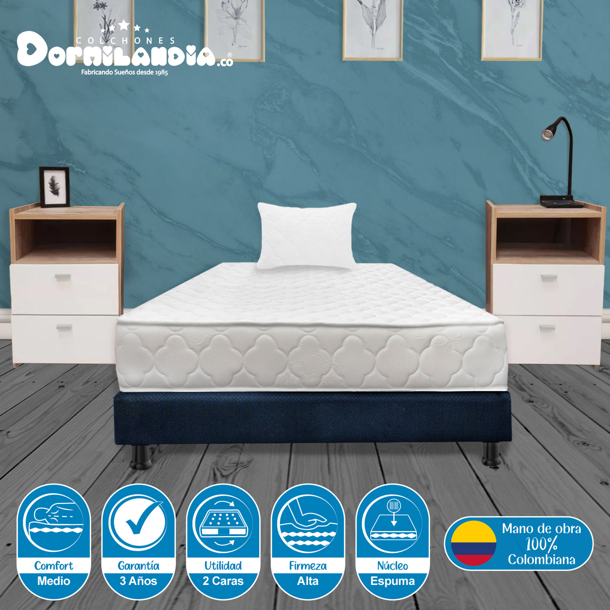 Combo Base Cama y Colchón Ultraflex Blanco y Azul Sencillo 100 X 190 Cm Firmeza Firme Doble Faz - COLCHONES | Bylmo