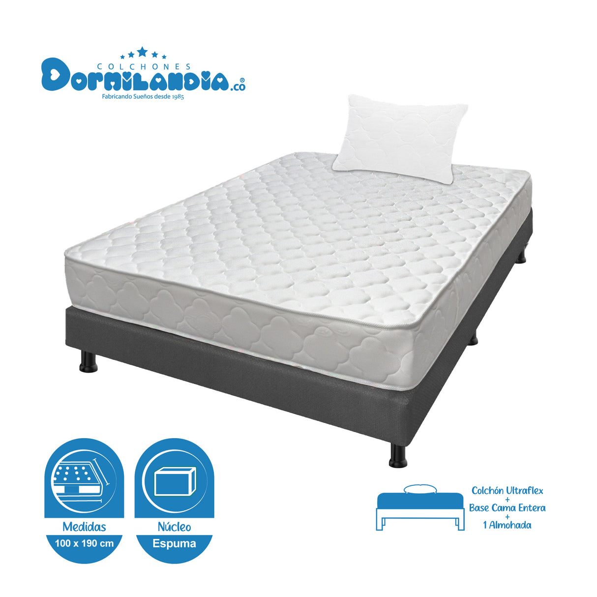 Combo Base Cama y Colchón Ultraflex Blanco y Gris Sencillo 100 X 190 Cm Firmeza Firme Doble Faz - COLCHONES | Bylmo