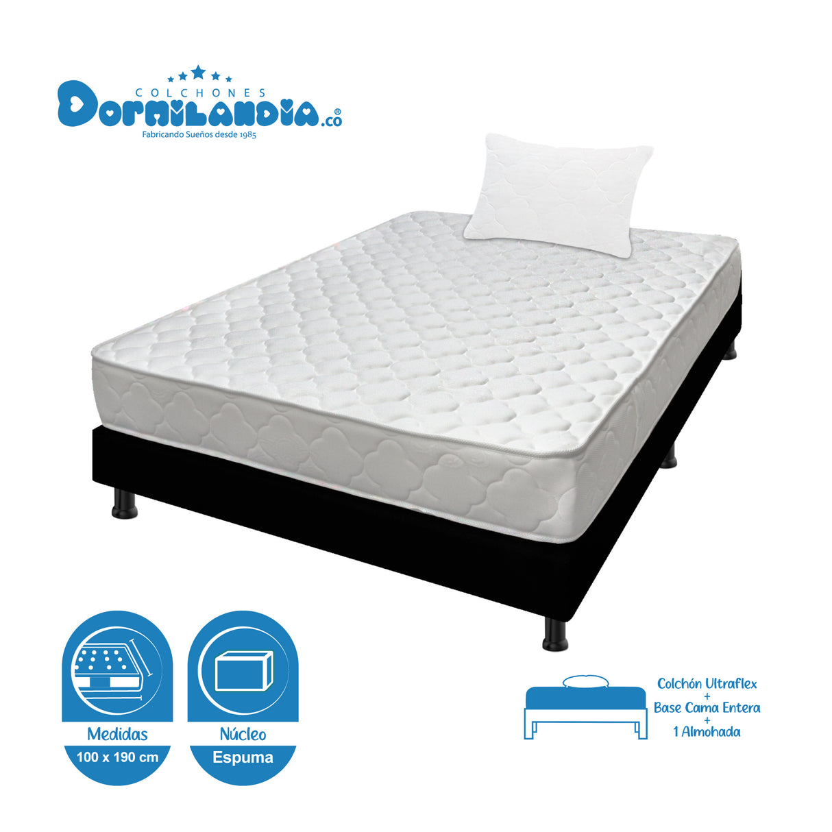 Combo Base Cama y Colchón Ultraflex Blanco y Negro Sencillo 100 X 190 Cm Firmeza Firme Doble Faz - COLCHONES | Bylmo