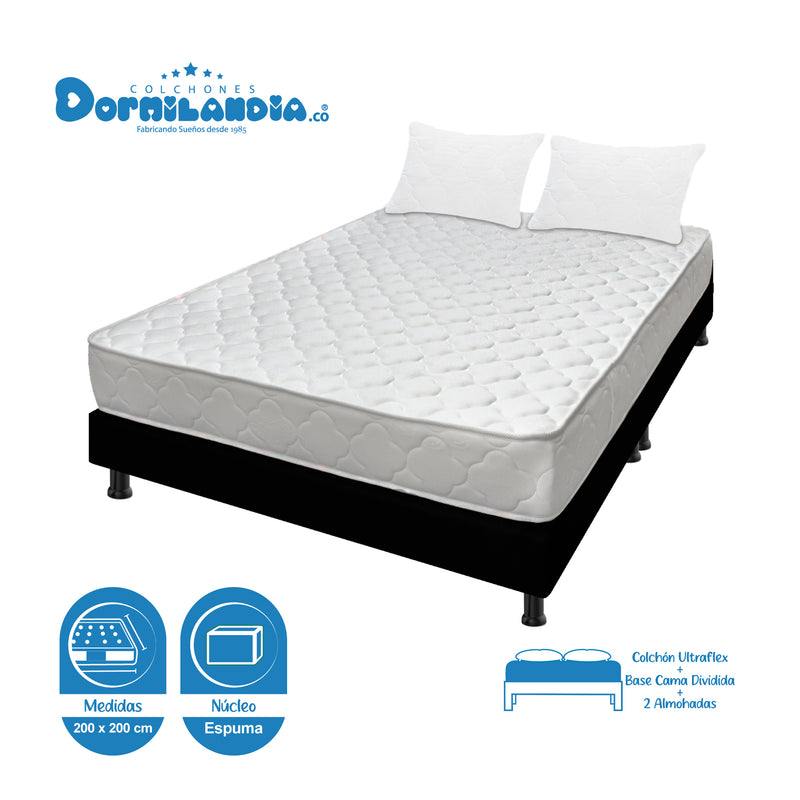 Combo Base Cama Y Colchón Ultraflex Blanco Y Negro King 200 X 200 Cm Firmeza Firme Doble Faz