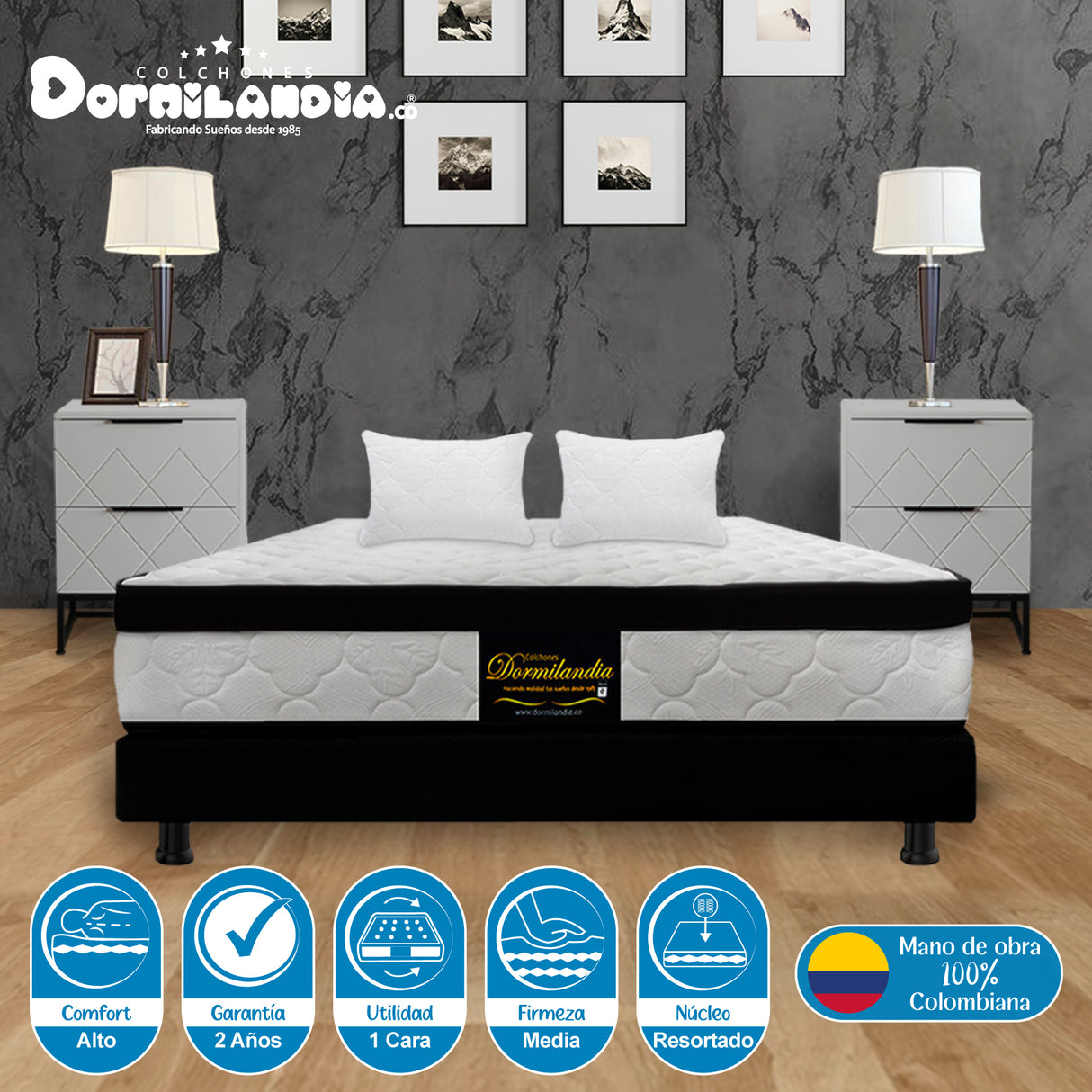 Combo Base Cama y Colchón Versalles Blanco y Negro Semidoble 120 X 190 Cm Firmeza Medio - COLCHONES | Bylmo