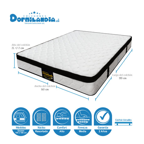 Combo Base Cama y Colchón Versalles Blanco y Negro Queen 160 X 190 Cm Firmeza Medio - COLCHONES | Bylmo