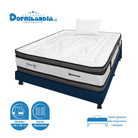 Combo Base Cama y Colchón Wonderful Blanco y Azul Sencillo 100 X 190 Cm Firmeza Medio Doble Faz - COLCHONES | Bylmo
