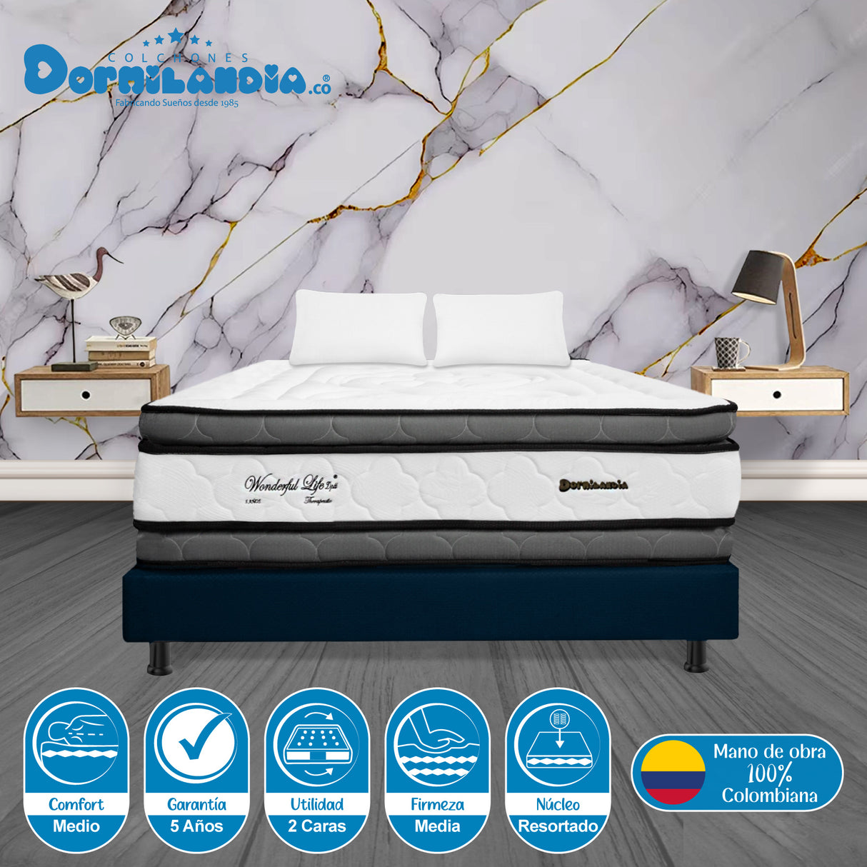 Combo Base Cama y Colchón Wonderful Blanco y Azul Doble 140 X 190 Cm Firmeza Medio Doble Faz - COLCHONES | Bylmo