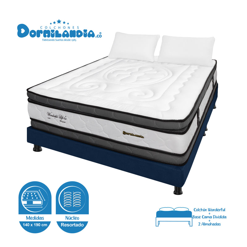 Combo Base Cama Y Colchón Wonderful Blanco Y Azul Doble 140 X 190 Cm Firmeza Medio Doble Faz