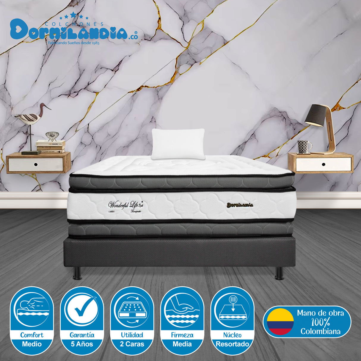 Combo Base Cama y Colchón Wonderful Blanco y Gris Sencillo 100 X 190 Cm Firmeza Medio Doble Faz - COLCHONES | Bylmo