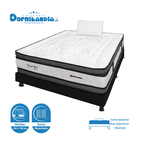 Combo Base Cama y Colchón Wonderful Blanco y Negro Sencillo 100 X 190 Cm Firmeza Medio Doble Faz - COLCHONES | Bylmo