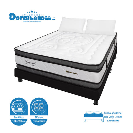 Combo Base Cama y Colchón Wonderful Blanco y Negro Semidoble 120 X 190 Cm Firmeza Medio Doble Faz - COLCHONES | Bylmo