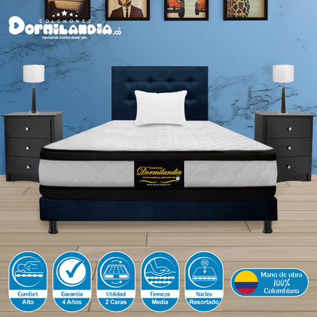 Combo Colchón Atenas Blanco y Azul Sencillo 100 X 190 Cm Firmeza Medio Doble Faz Con Cabecero y Base Cama - COLCHONES | Bylmo