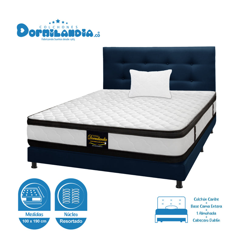 Combo Colchón Atenas Blanco Y Azul Sencillo 100 X 190 Cm Firmeza Medio Doble Faz Con Cabecero Y Base Cama