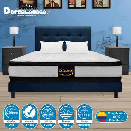 Combo Colchón Atenas Blanco y Azul Doble 140 X 190 Cm Firmeza Medio Doble Faz Con Cabecero y Base Cama - COLCHONES | Bylmo
